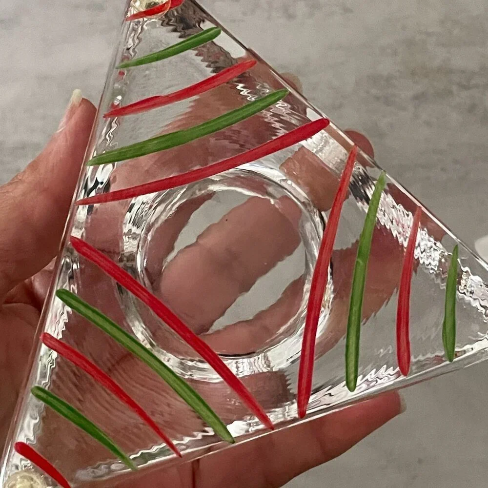 Kosta Boda VTG Piece of Cake Red Green Stripe Triangle Candleholder Signed
